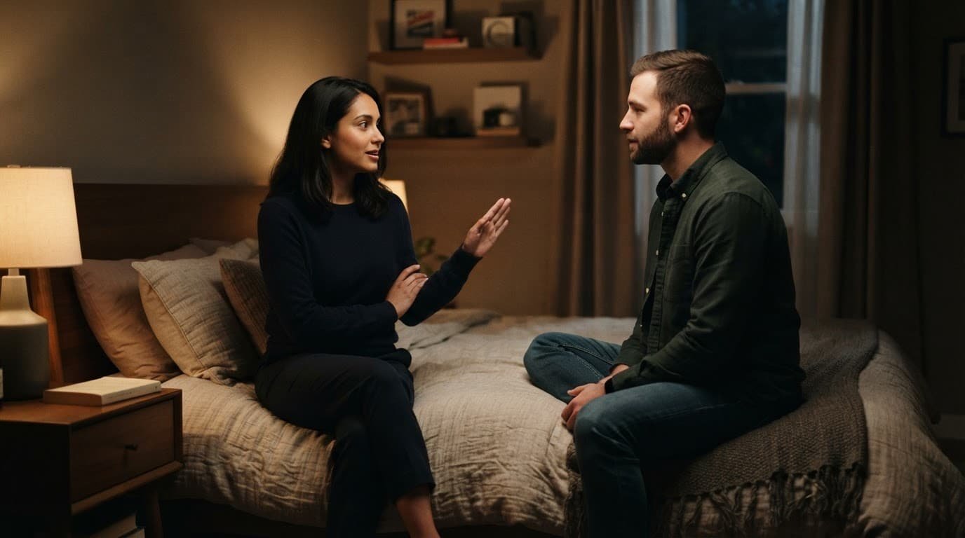A couple talks across a bed as one person raises a hand to pause.