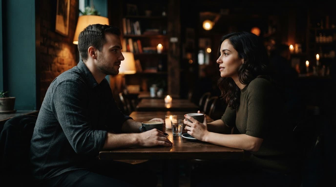 A woman and man calmly talk across a small cafe table in warm evening light.