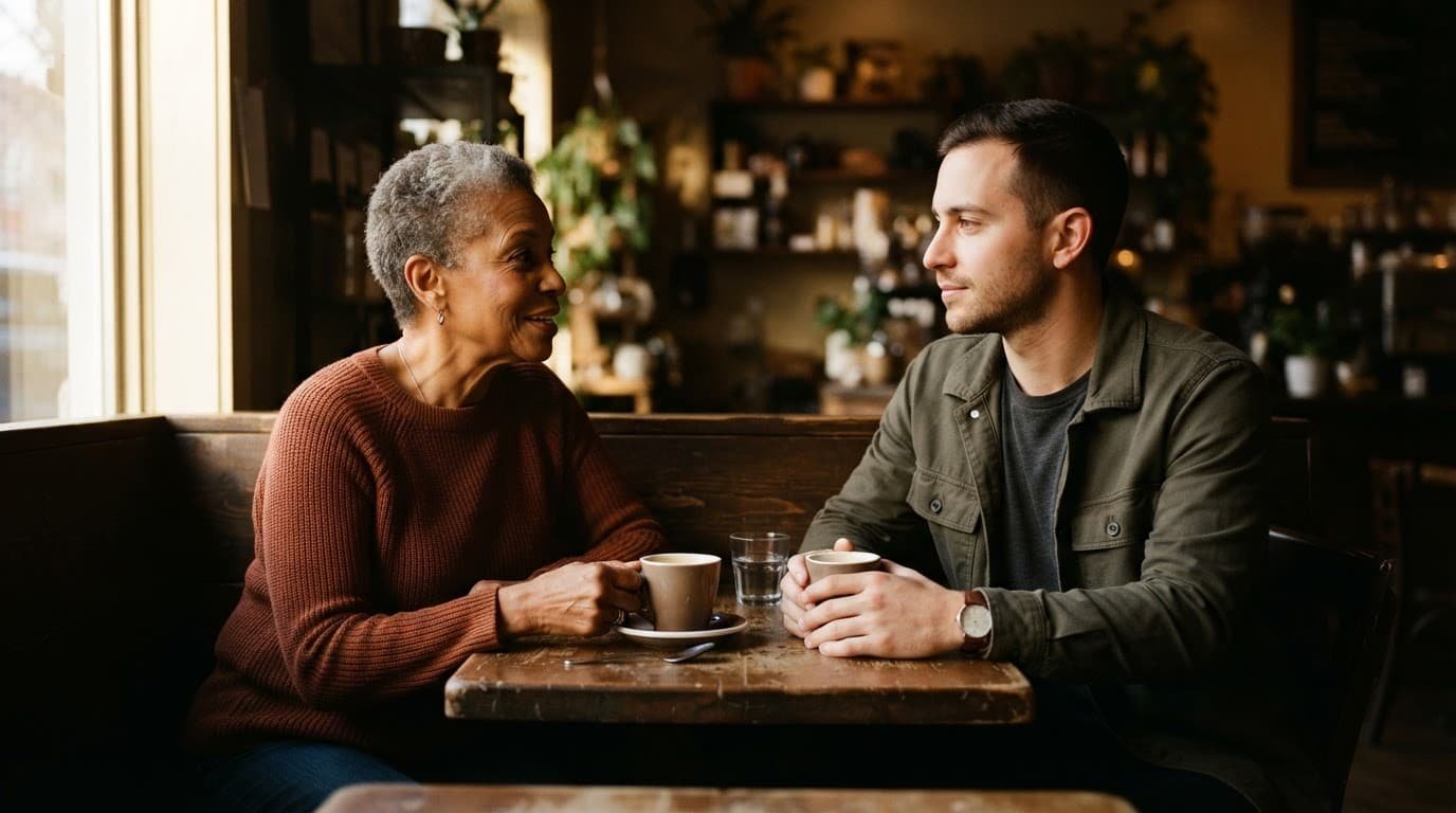 Older woman and younger man share a calm conversation across a cafe table.