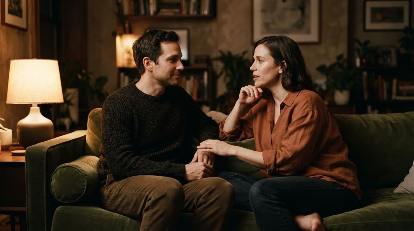 A couple sits together on a sofa, sharing a calm and attentive conversation.
