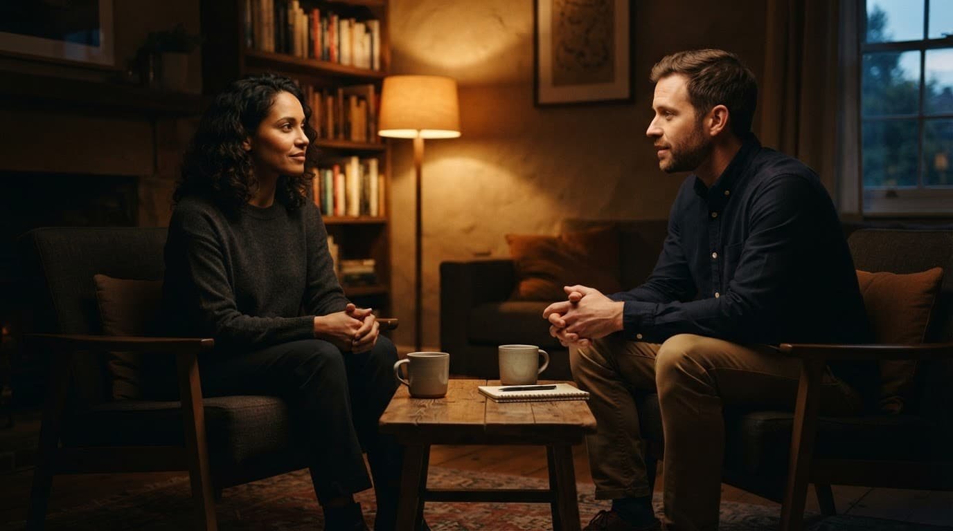 A couple sits across from each other having a calm conversation in a warm living room.