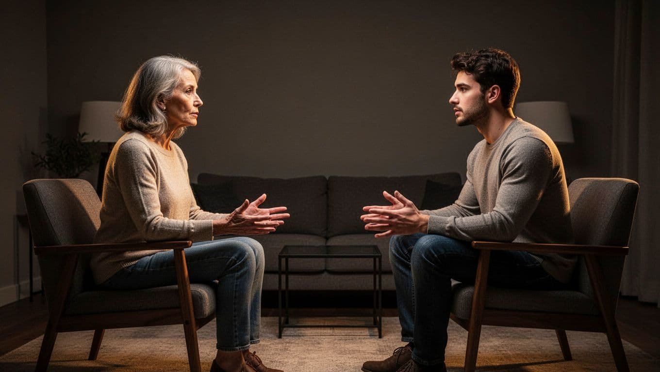 Two adults sit across from each other in a warm living room conversation.