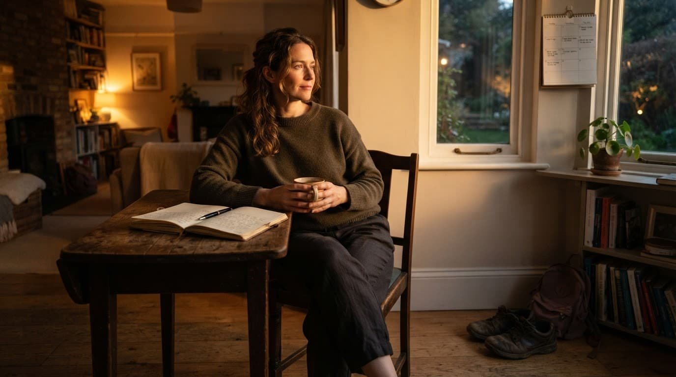A woman journals beside tea, with a calendar and walking shoes nearby.