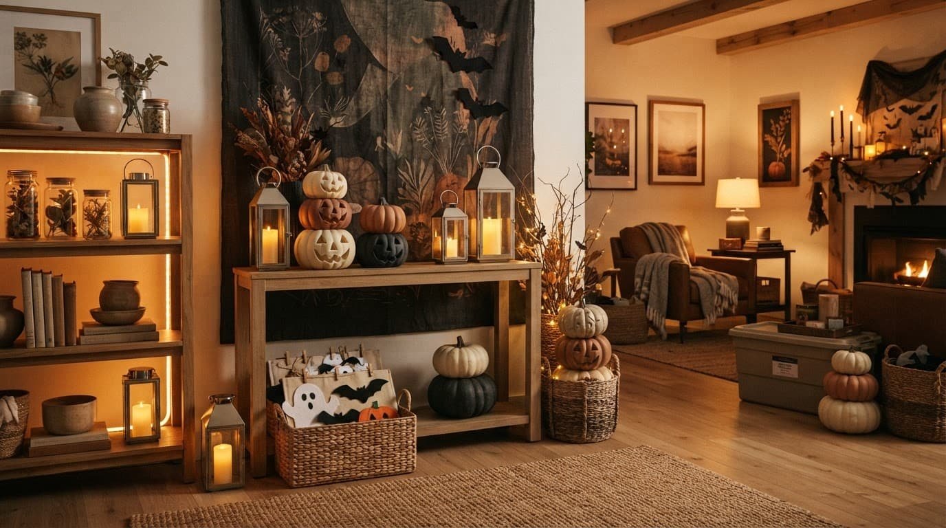 Reusable Halloween decorations arranged in a warmly lit suburban entryway and living room.