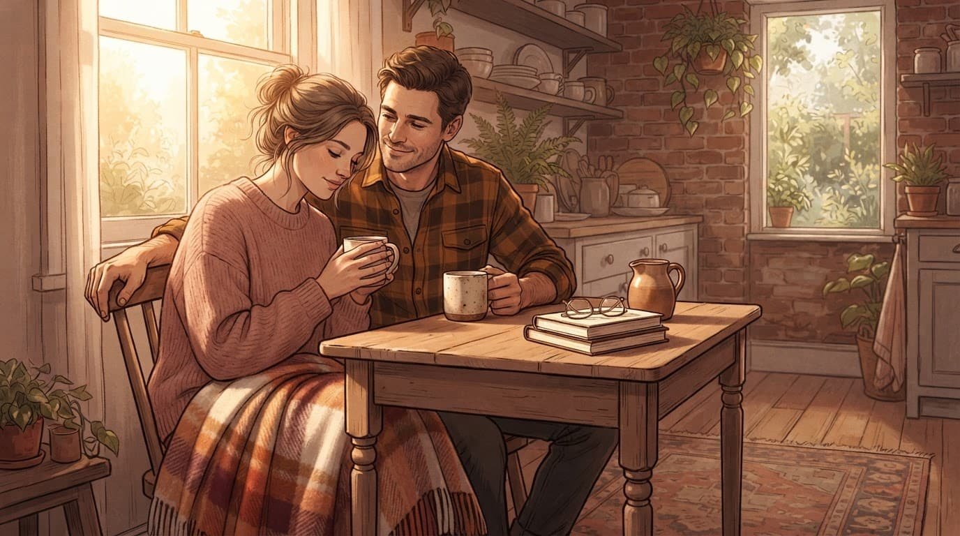 A couple shares mugs at a small kitchen table in warm morning light.