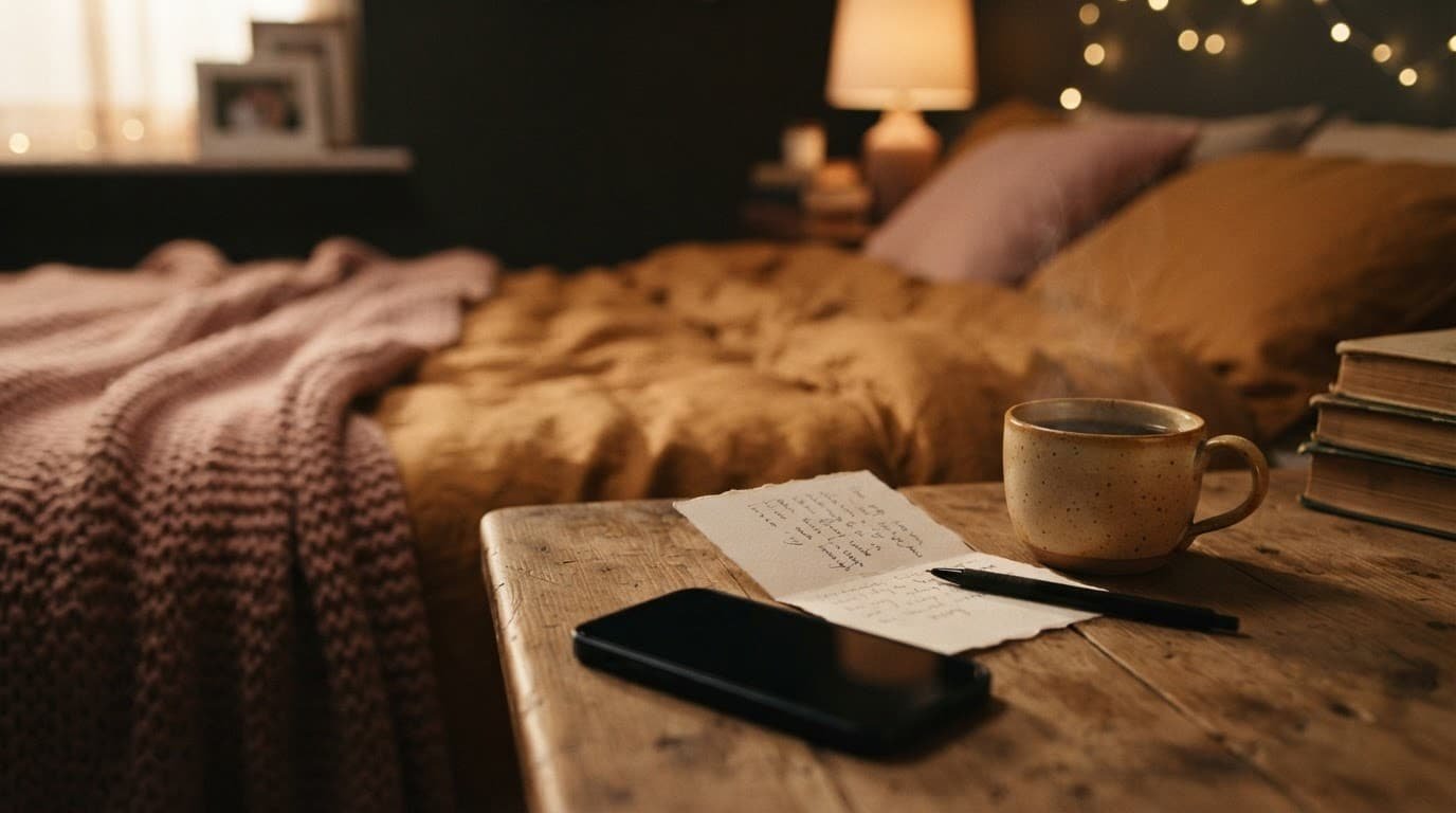 A phone, love note, and warm coffee mug sit on a cozy blanket.
