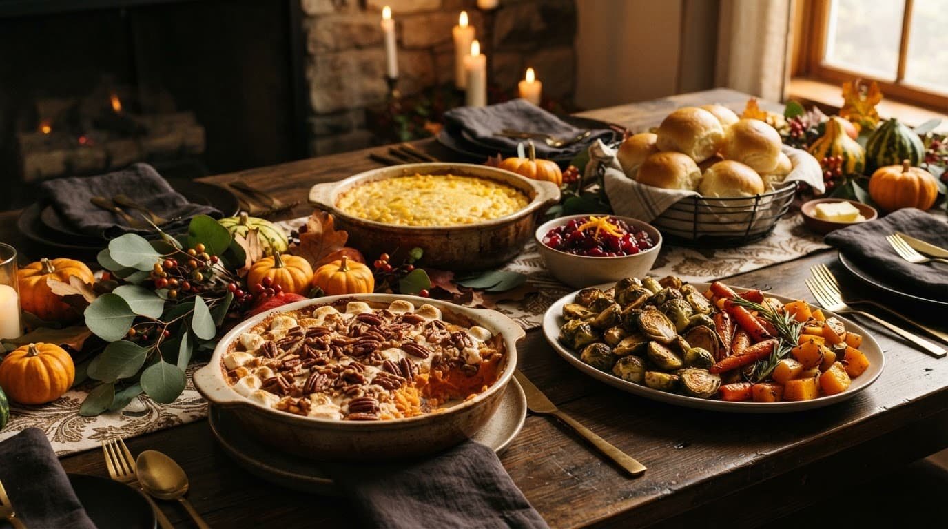 Thanksgiving table with gratin, roasted vegetables, casseroles, rolls, cranberry sauce, and autumn foliage.