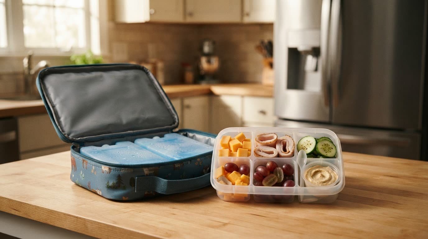 An open lunch bag and sealed container hold cold packs and neatly arranged school lunch foods.