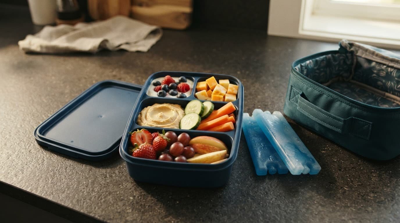 A snack container with chilled foods, vegetables, and ice packs beside an open lunch bag.