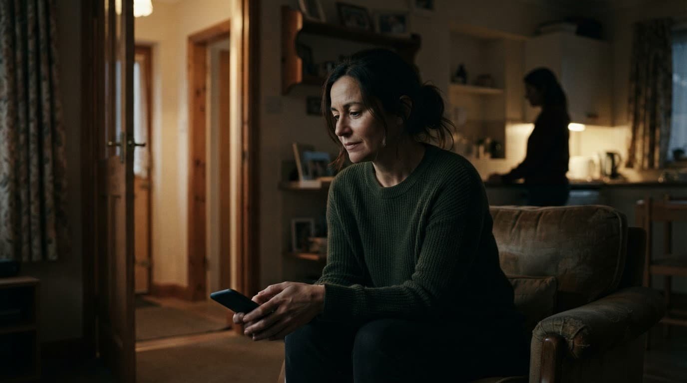 Woman holding a phone near a doorway with a supportive friend in the background.