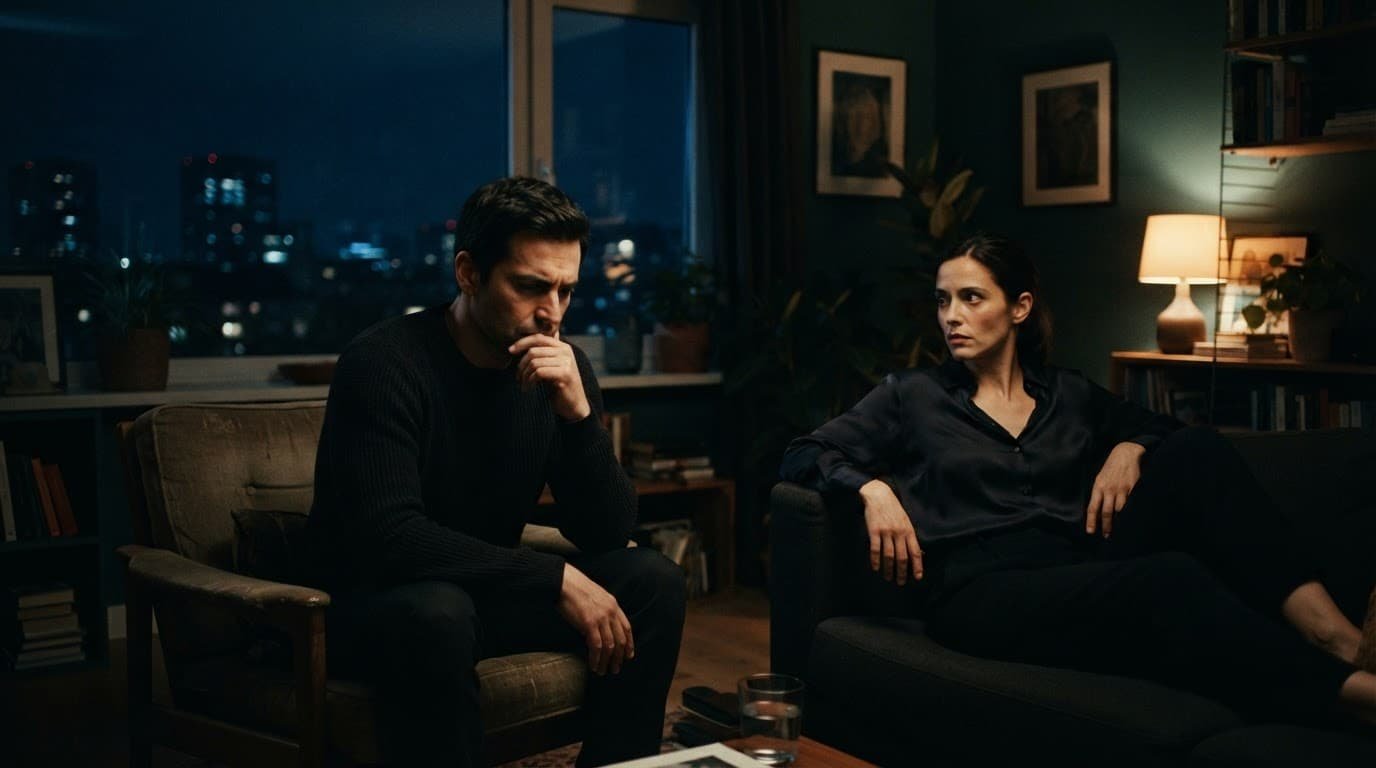 Two adults sit apart in a dim living room, facing each other by a window at night.