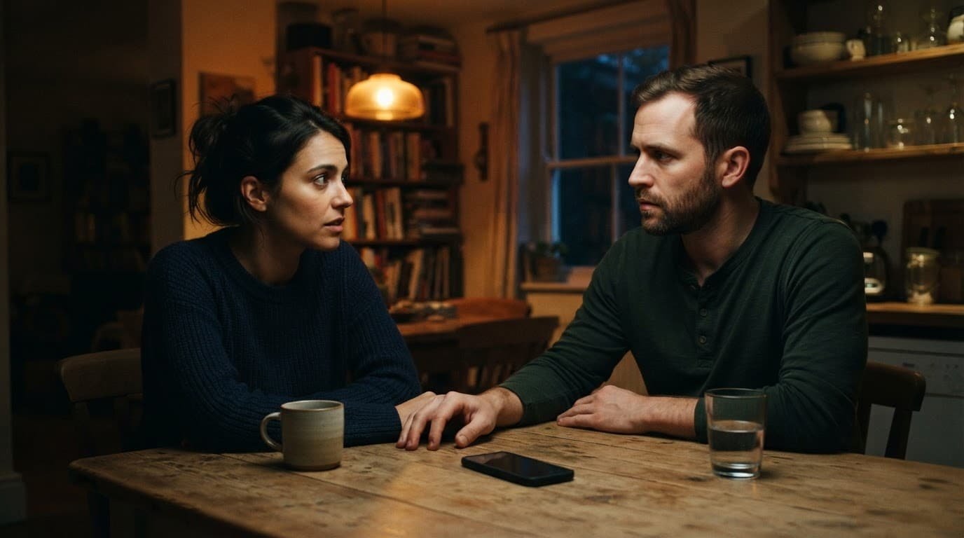 A woman and man have a serious talk at a kitchen table with a phone set aside.