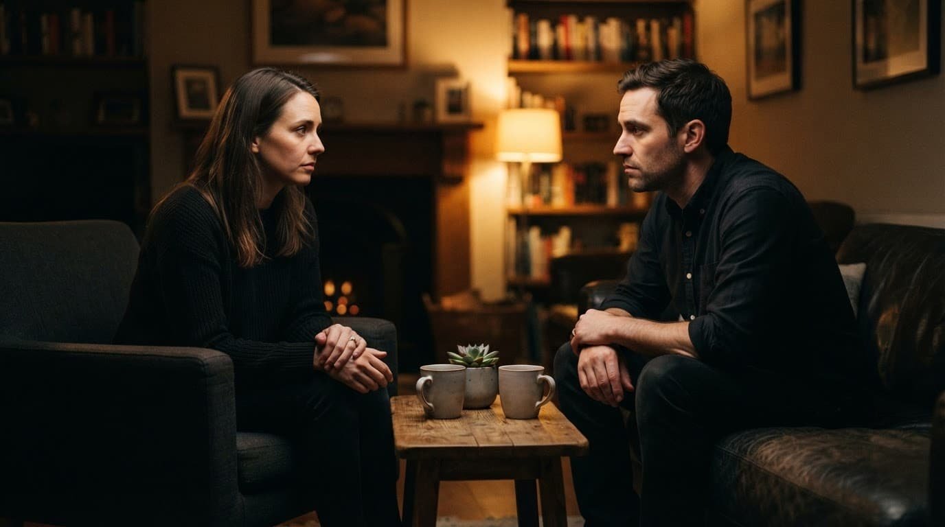 Two adults sit apart in a warm living room during a serious conversation.