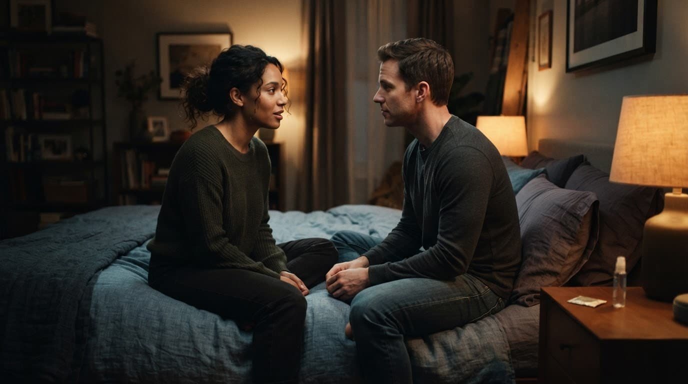 A couple calmly talks on a bed beside a nightstand with sexual health products.