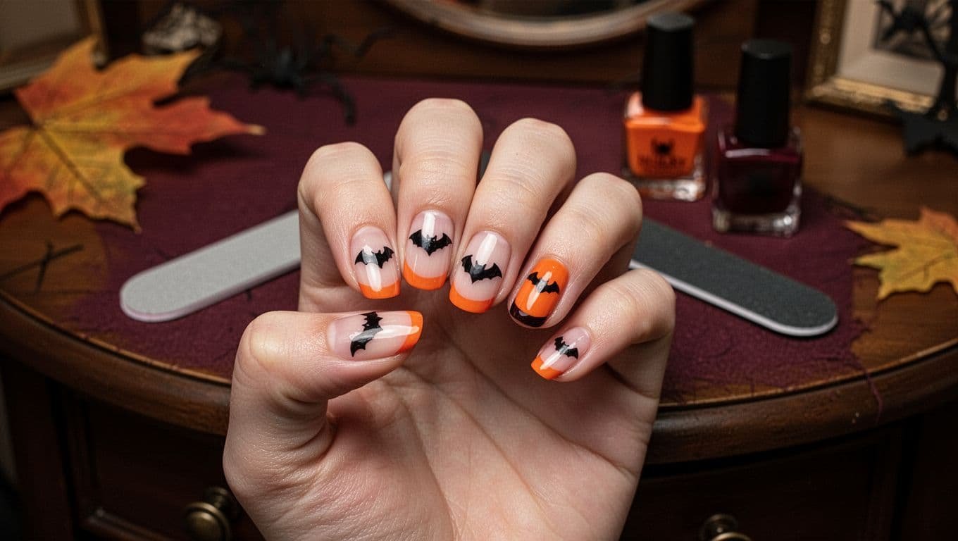 A hand with short Halloween nails and orange tips rests near polish bottles.