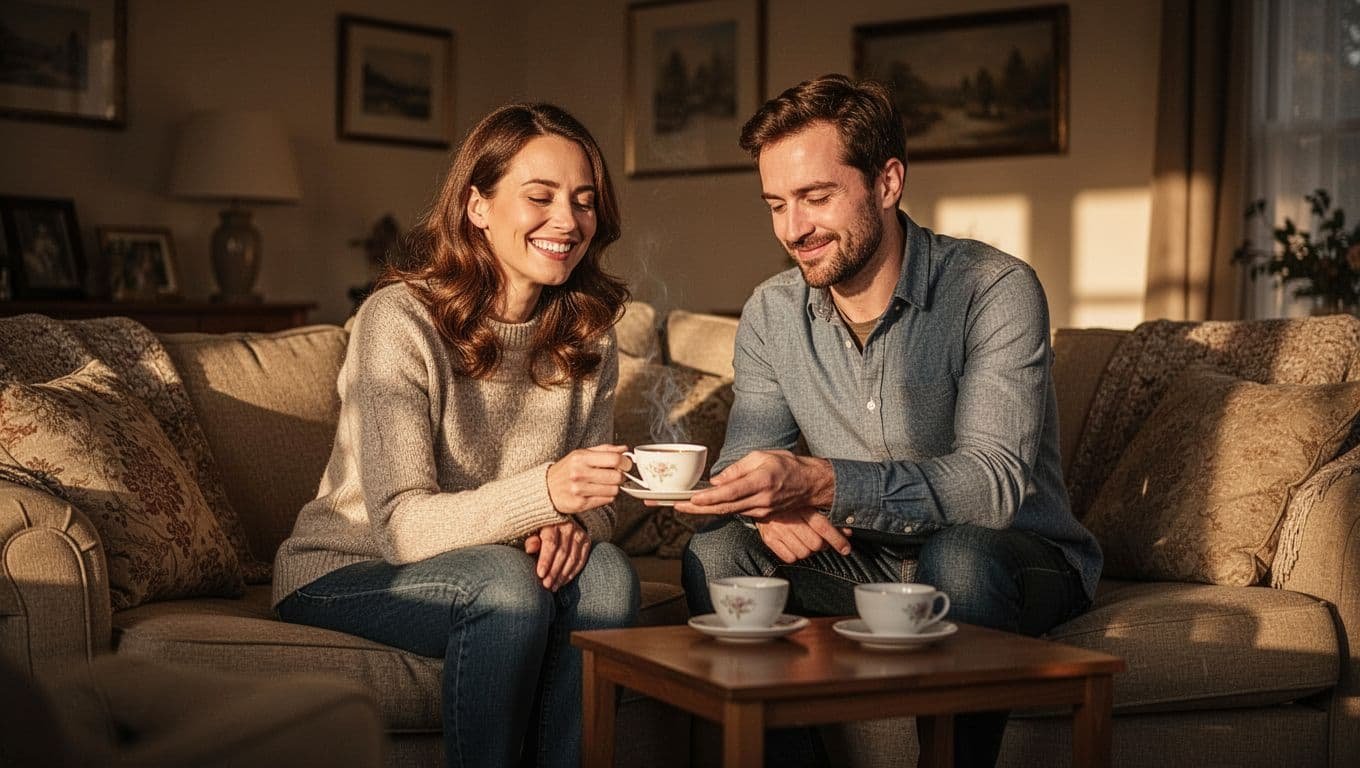 A wife smiles as her shy husband sets down tea in their warm living room.