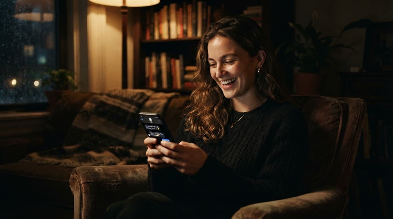 Smiling person holding a smartphone in a warmly lit cozy room.