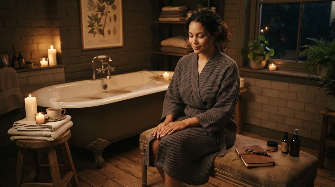 An adult relaxes beside a bathtub with a towel, journal, robe, skincare, and tea.