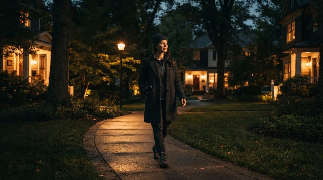 Woman walking alone on a well-lit residential path with a smartphone in her coat pocket.
