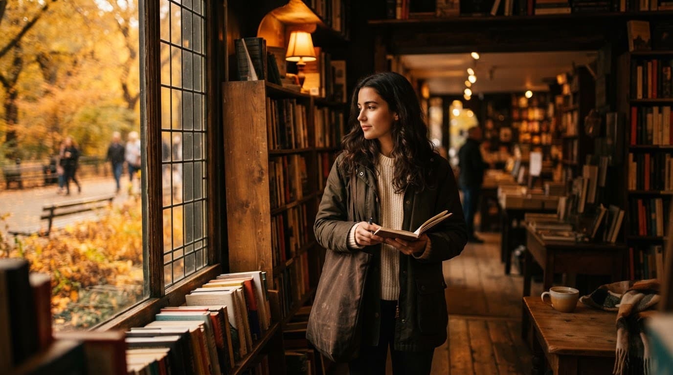 A person browses a bookstore with a tote, notebook, and warm drink near autumn leaves.