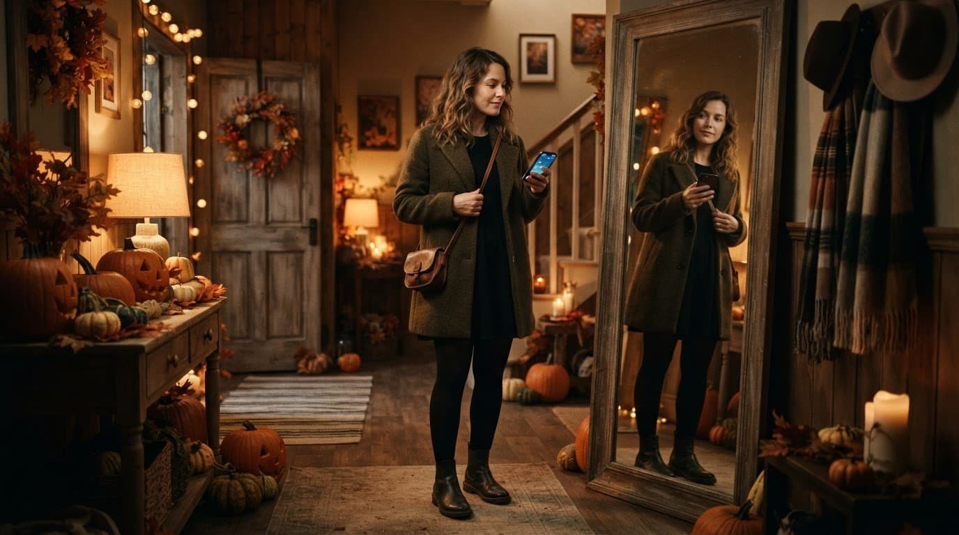 Woman checking a layered Halloween outfit in a mirror beside pumpkins.