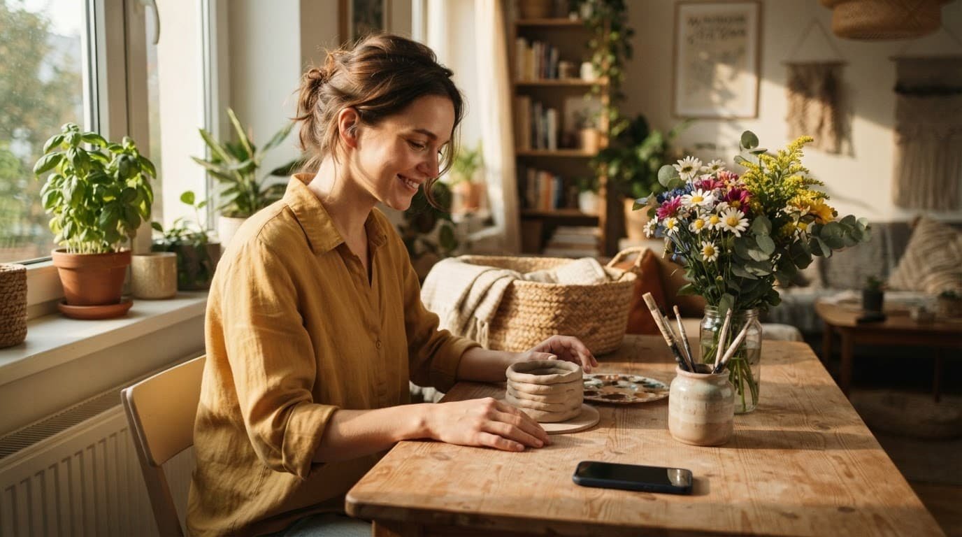 One adult works at a wooden table with clay, brushes, flowers, and a windowsill herb pot.