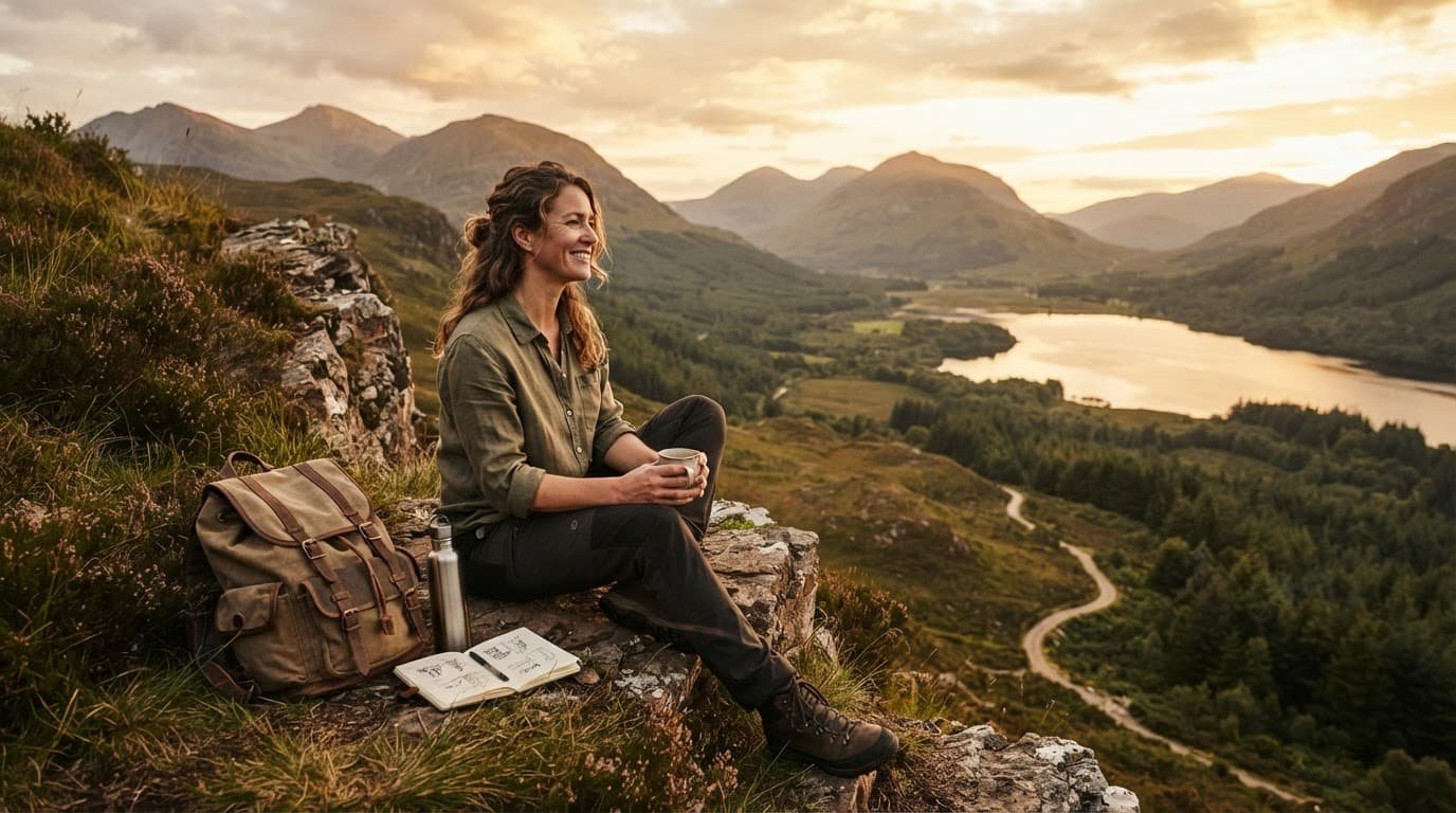 A solo traveler sits beside a daypack overlooking a lake and distant hills.