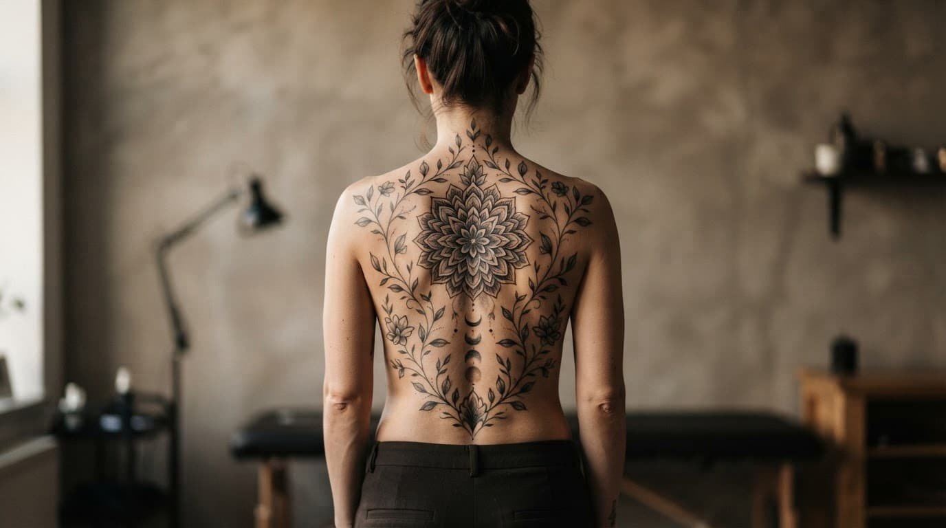 Woman viewed from behind with a symmetrical mandala, vines, and moon phases tattooed along her spine.