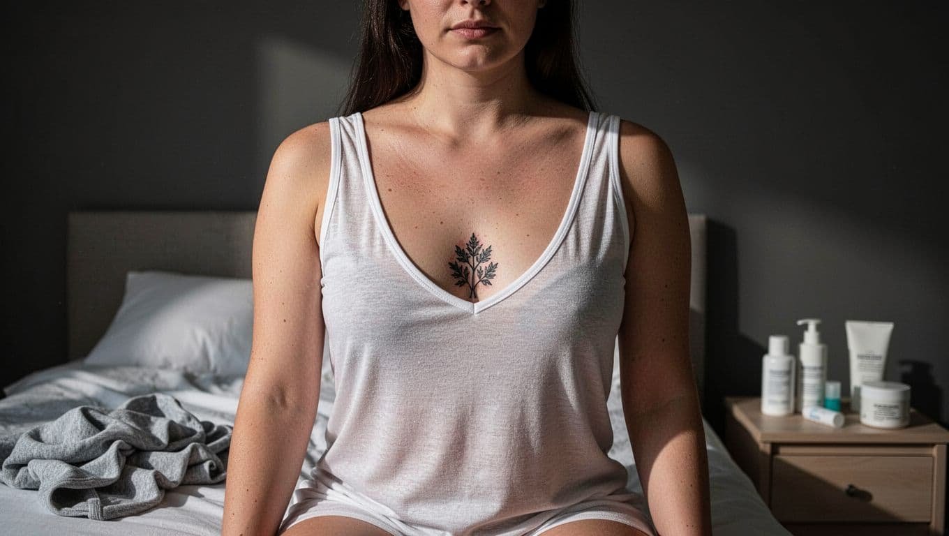 Woman with a fresh sternum tattoo near clothing and gentle care items.