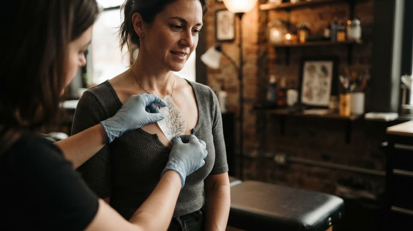 A woman discusses sternum tattoo placement as an artist positions a paper stencil.