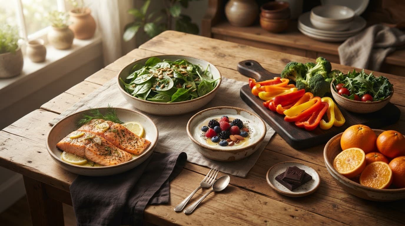 A wooden table displays salmon, yogurt, vegetables, fruit, seeds, and dark chocolate.