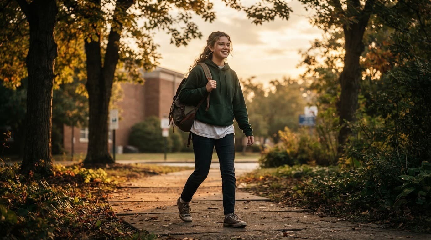 A student walks beside a leafy school campus with a backpack in morning light.