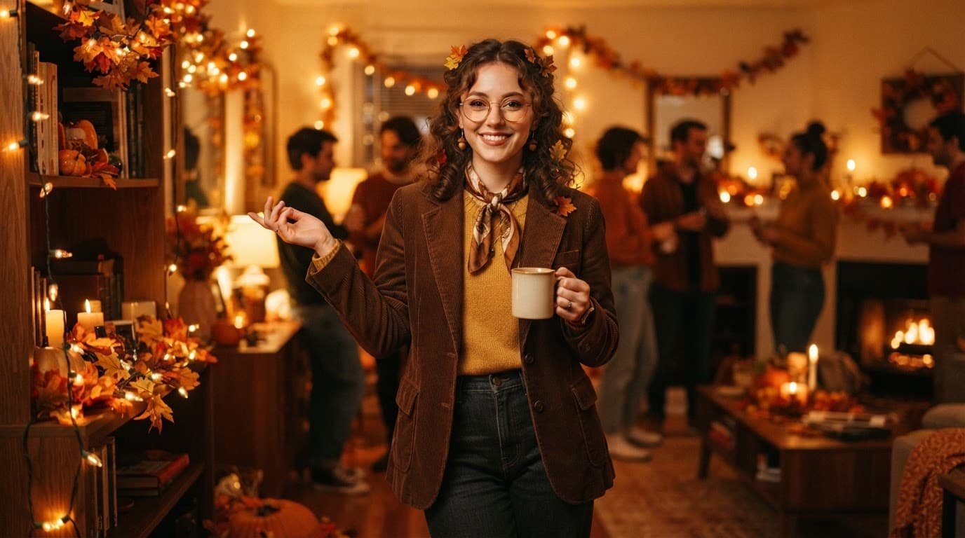 College student in a vintage blazer costume at a warmly lit Halloween apartment party.