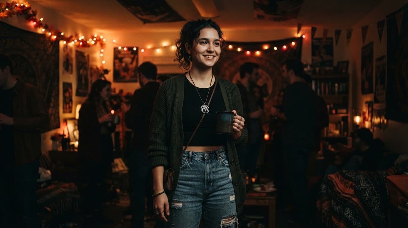 A college student in a stylish Halloween costume at a warmly lit dorm party.