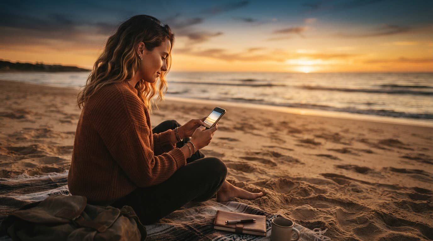 A person reviews a sunset photo on a smartphone at the beach.