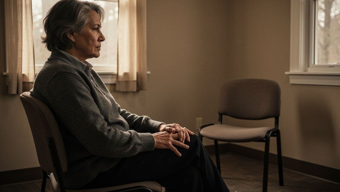 A thoughtful adult sits beside an empty chair in a warmly lit counseling room.