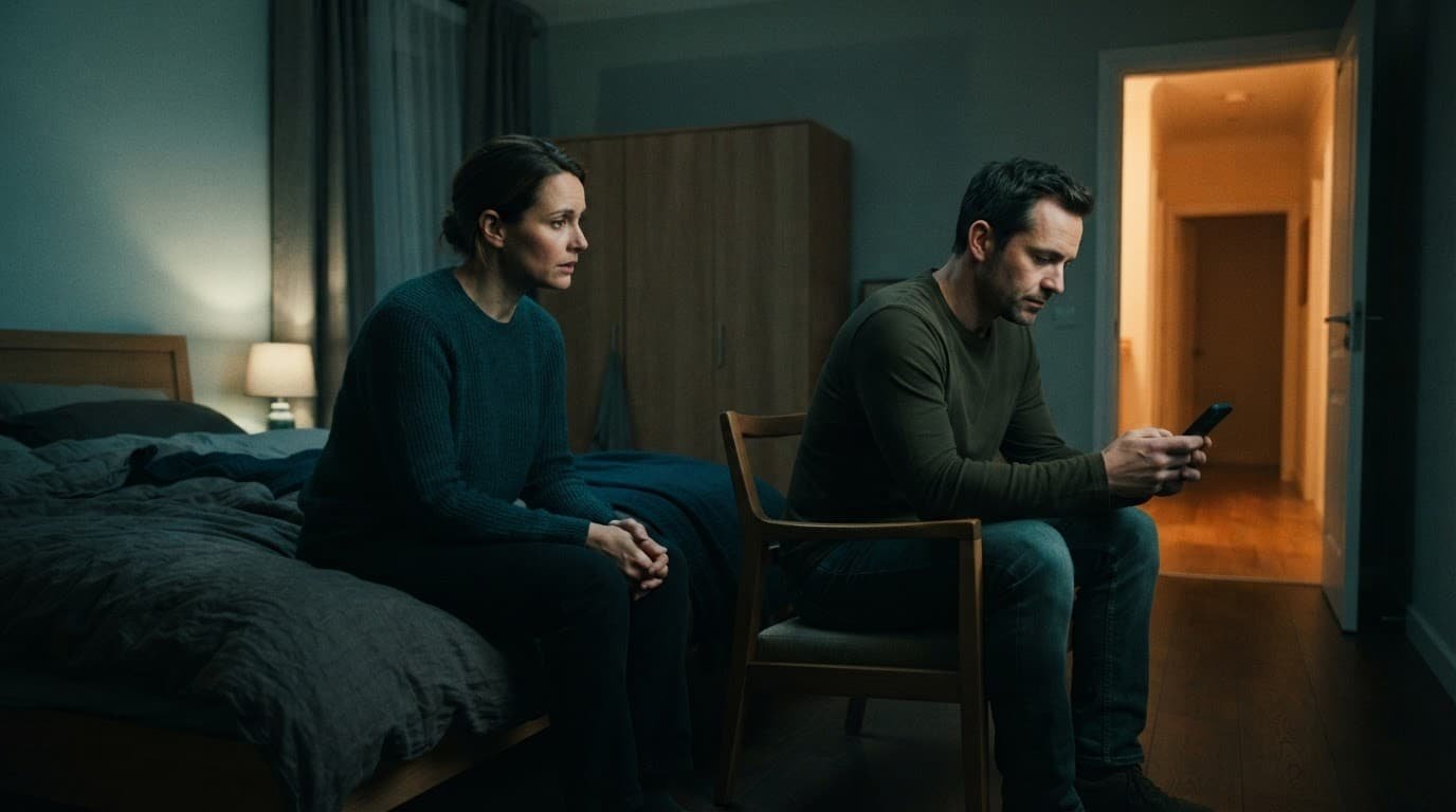 Two adults sit apart near an open doorway, with one holding a phone.