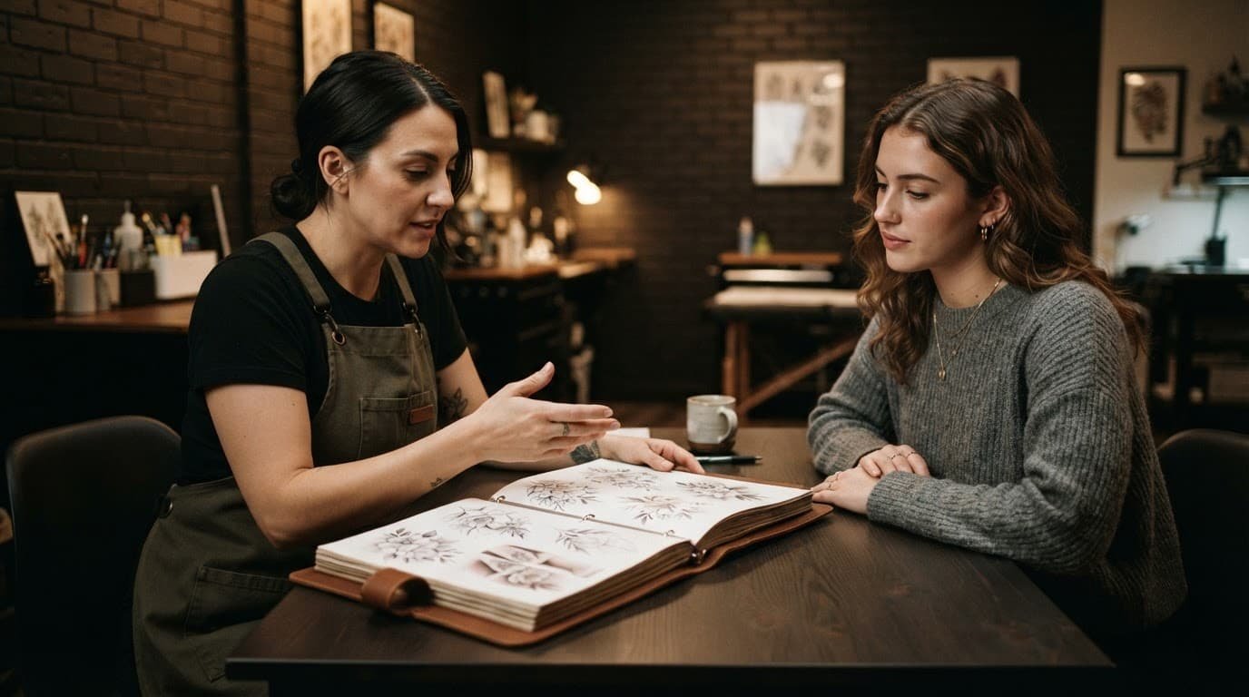 Tattoo artist and client reviewing floral thigh tattoo designs in a warm modern studio.