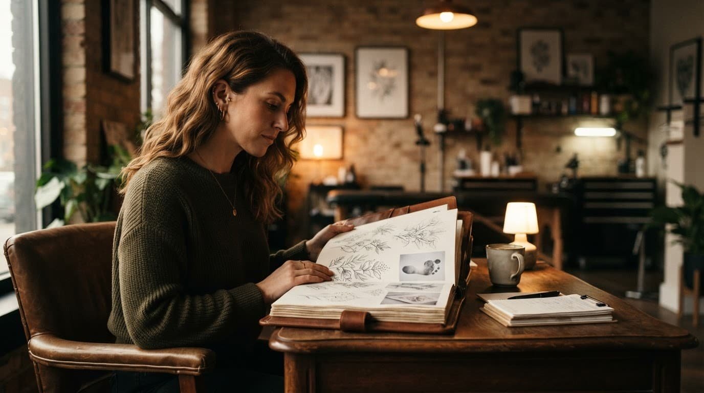 Woman reviewing a tattoo portfolio at a consultation table with keepsake papers and a footprint image.