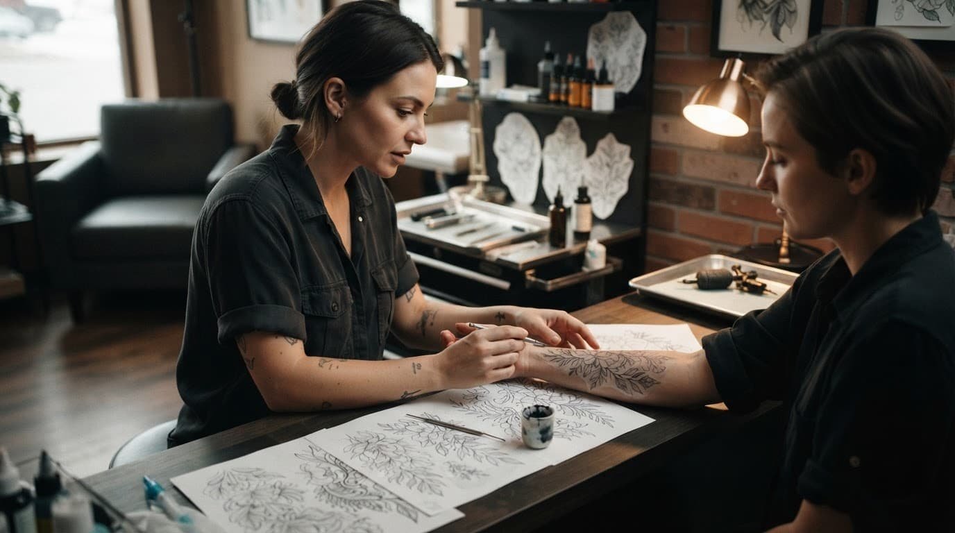 Artist reviews botanical tattoo designs beside a client’s arm in a tidy studio.