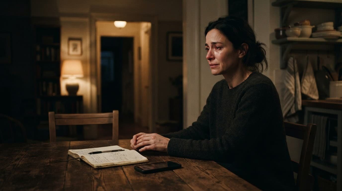 A tearful woman sits at a kitchen table beside a notebook and face-down phone.