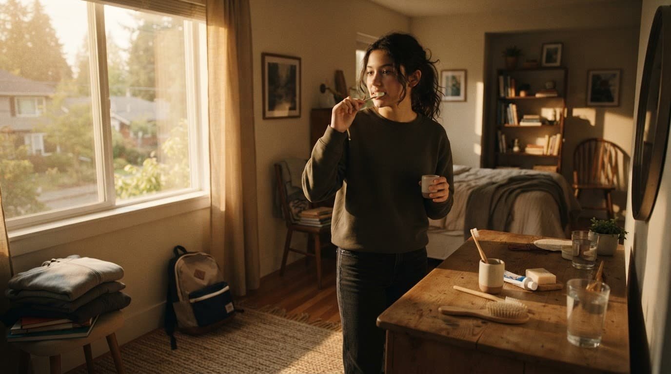 A teenager prepares for school beside a dresser with hygiene items and a backpack.