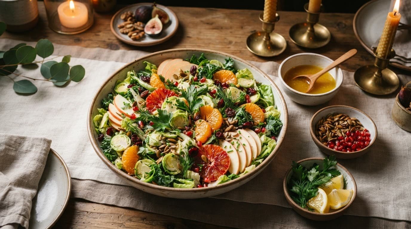 Colorful Thanksgiving salad with greens, apples, citrus, cranberries, and seeds on a warm linen table.