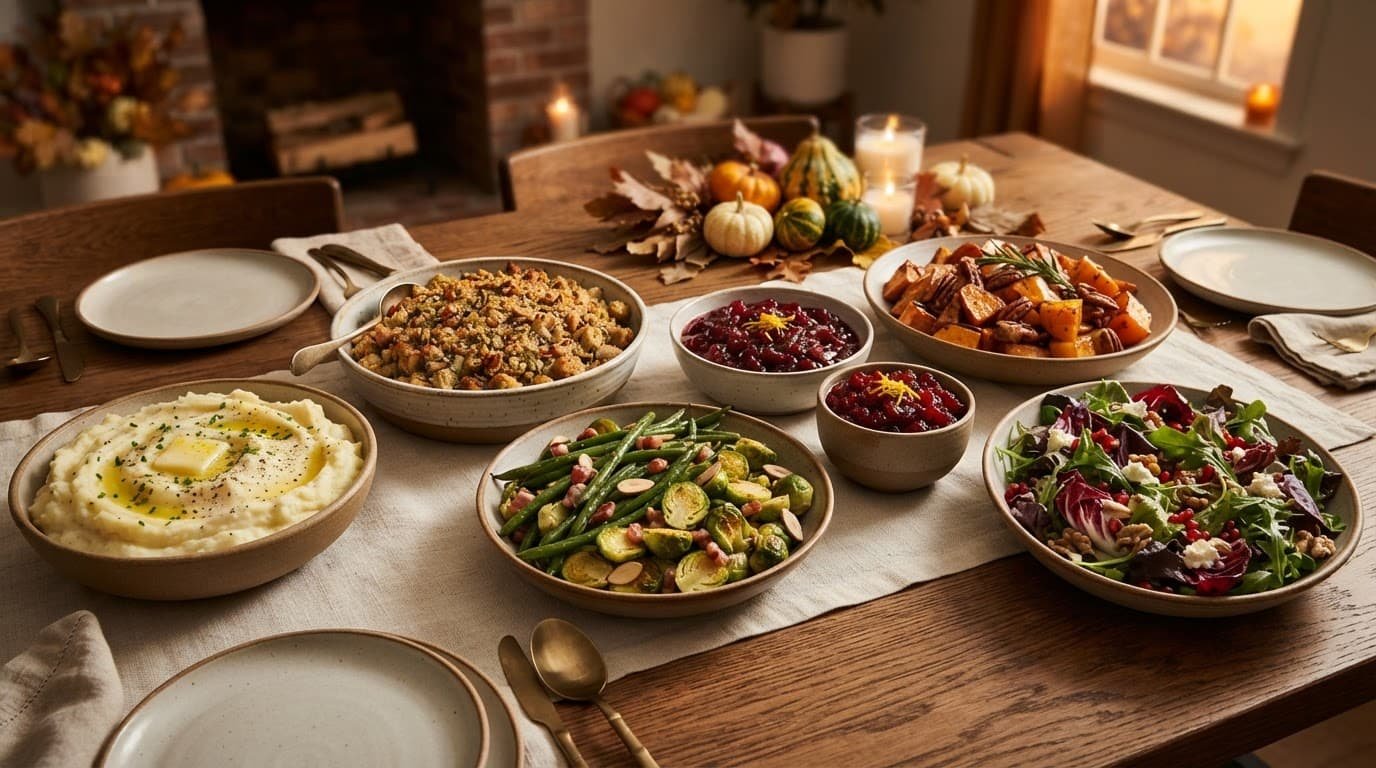 Colorful Thanksgiving side dishes arranged in bowls across a warmly lit dining table.