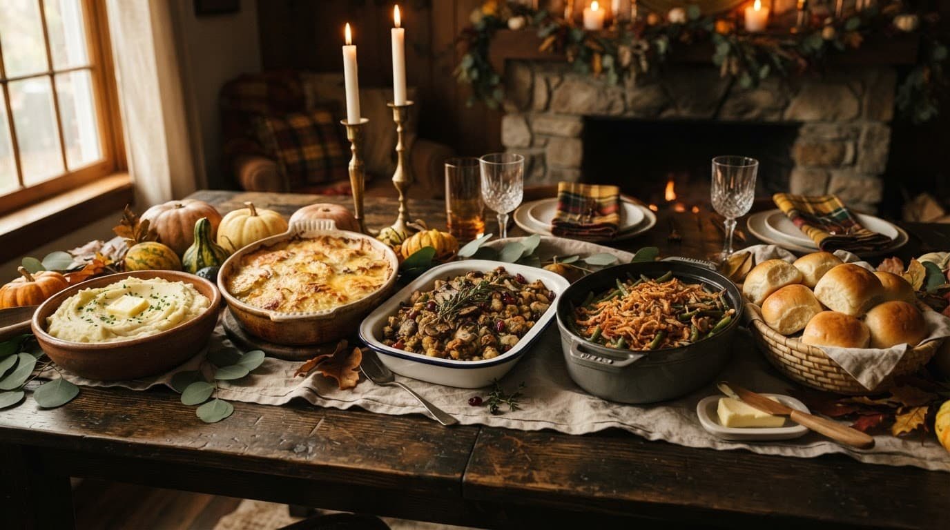 Thanksgiving side dishes arranged on a rustic table with candles and autumn foliage.