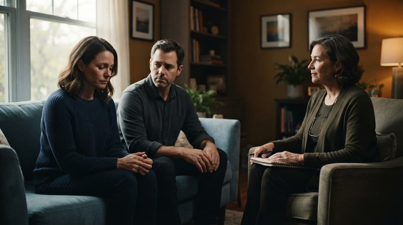 Two adults speak with a therapist in a warmly lit counseling office.
