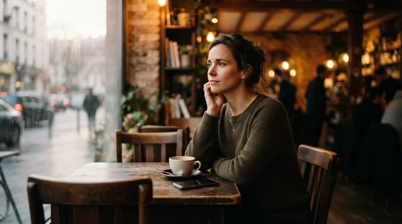 A thoughtful woman sits beside coffee and her phone at a cafe table.