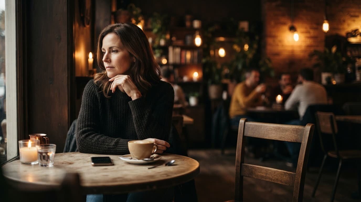 A woman reflects over coffee with her phone set aside and an empty chair across the table.