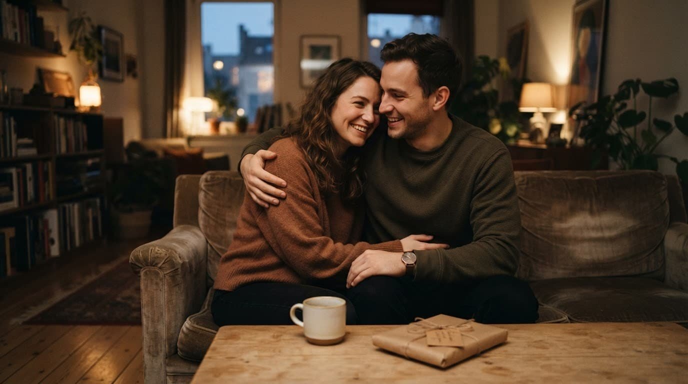 A couple sits together beside a table with a small gift and coffee mug.