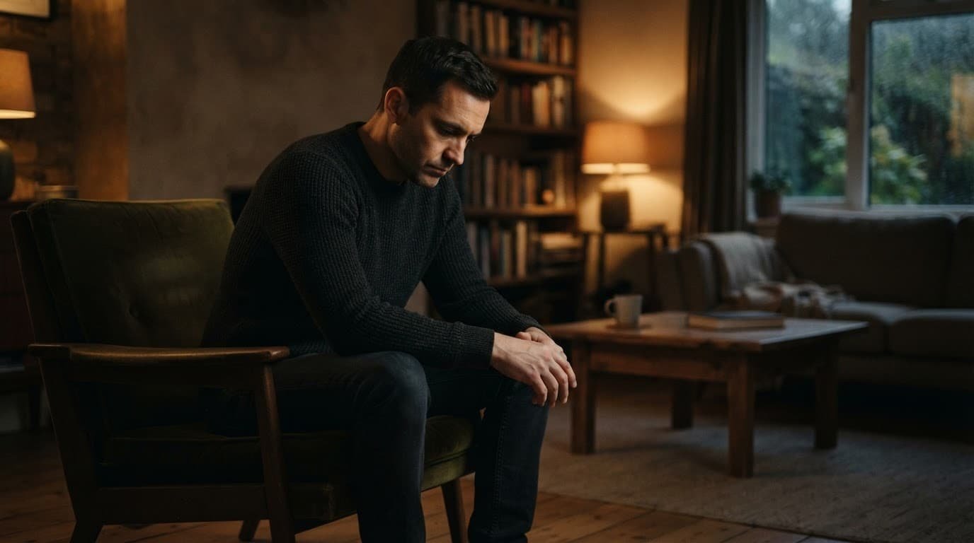 Man sitting alone in a dim living room with his hands resting.